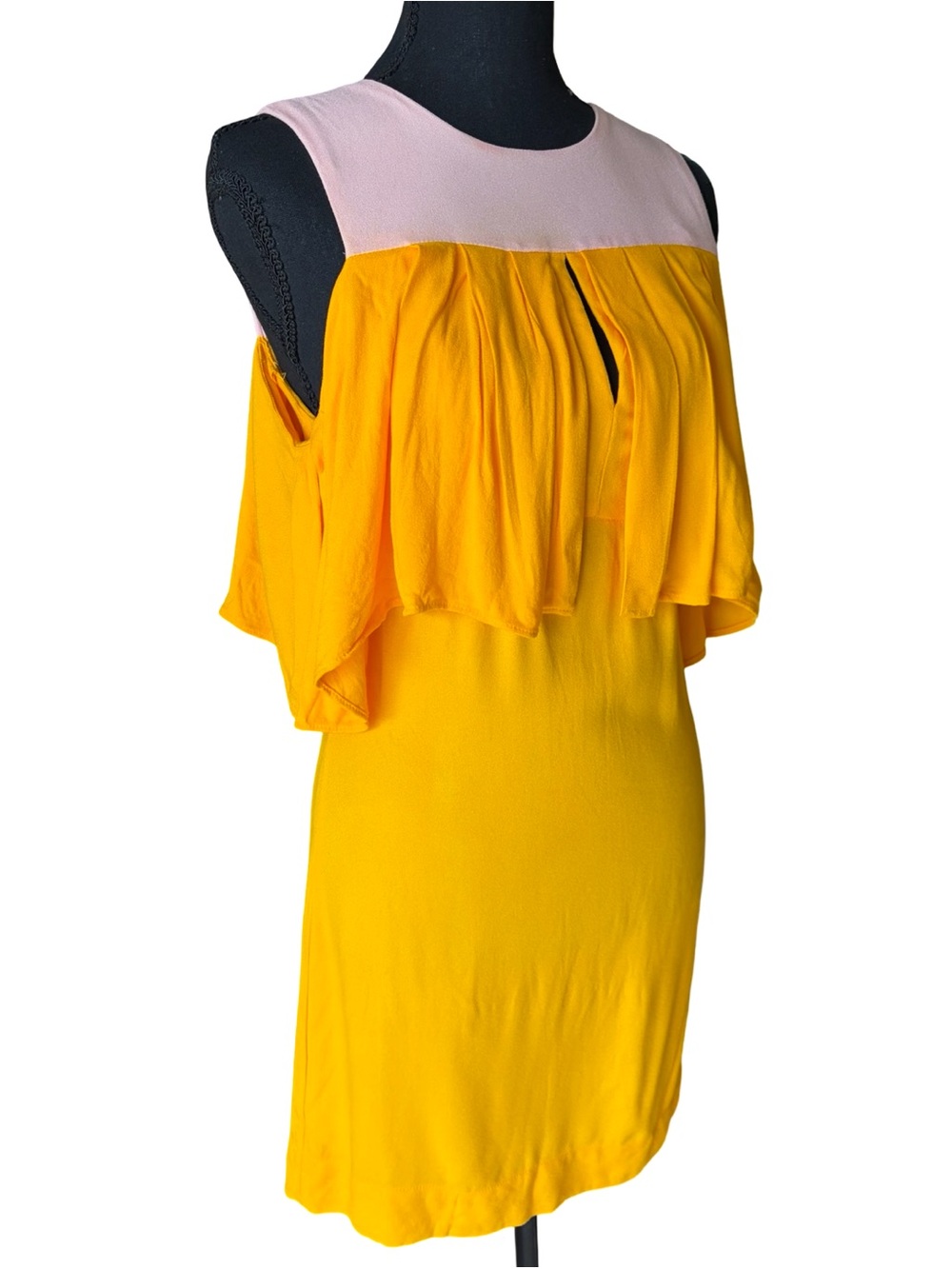 FARM Rio Brazil NWT Colorblock Ruffle Cutout Mini Dress M Yellow Pink - Picture 2 of 6